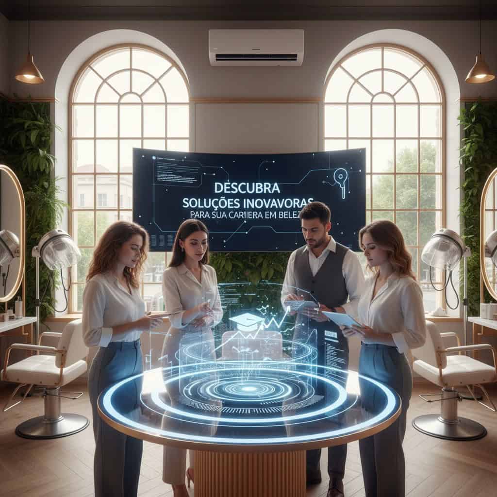 crie uma imagem ultra realista, em um ambiente de salão de beleza, que represente a frase "Descubra soluções inovadoras para sua carreira em beleza".