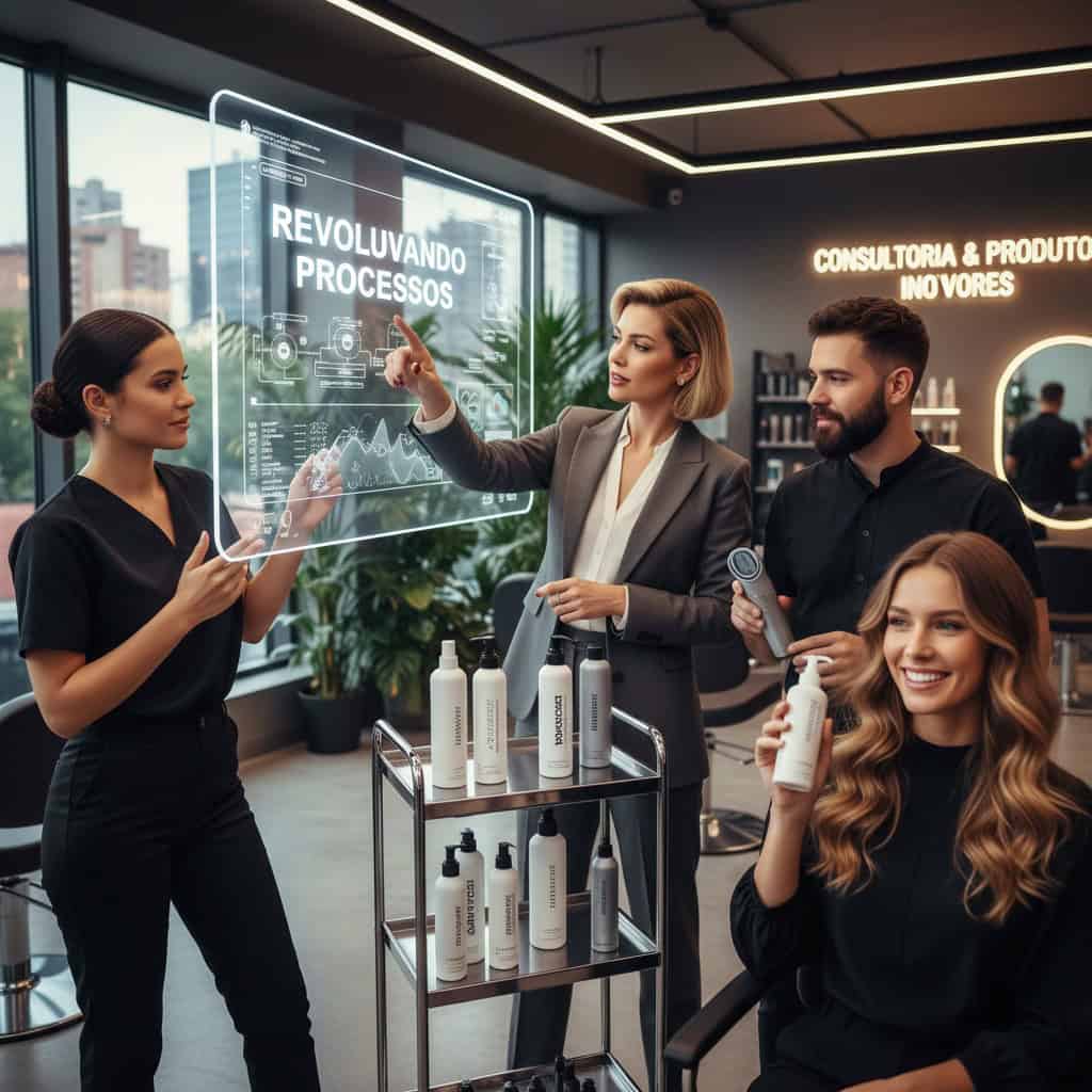 crie uma imagem ultra realista, em um ambiente de salão de beleza, que represente a frase "Revolucionando processos com consultoria e produtos inovadores"