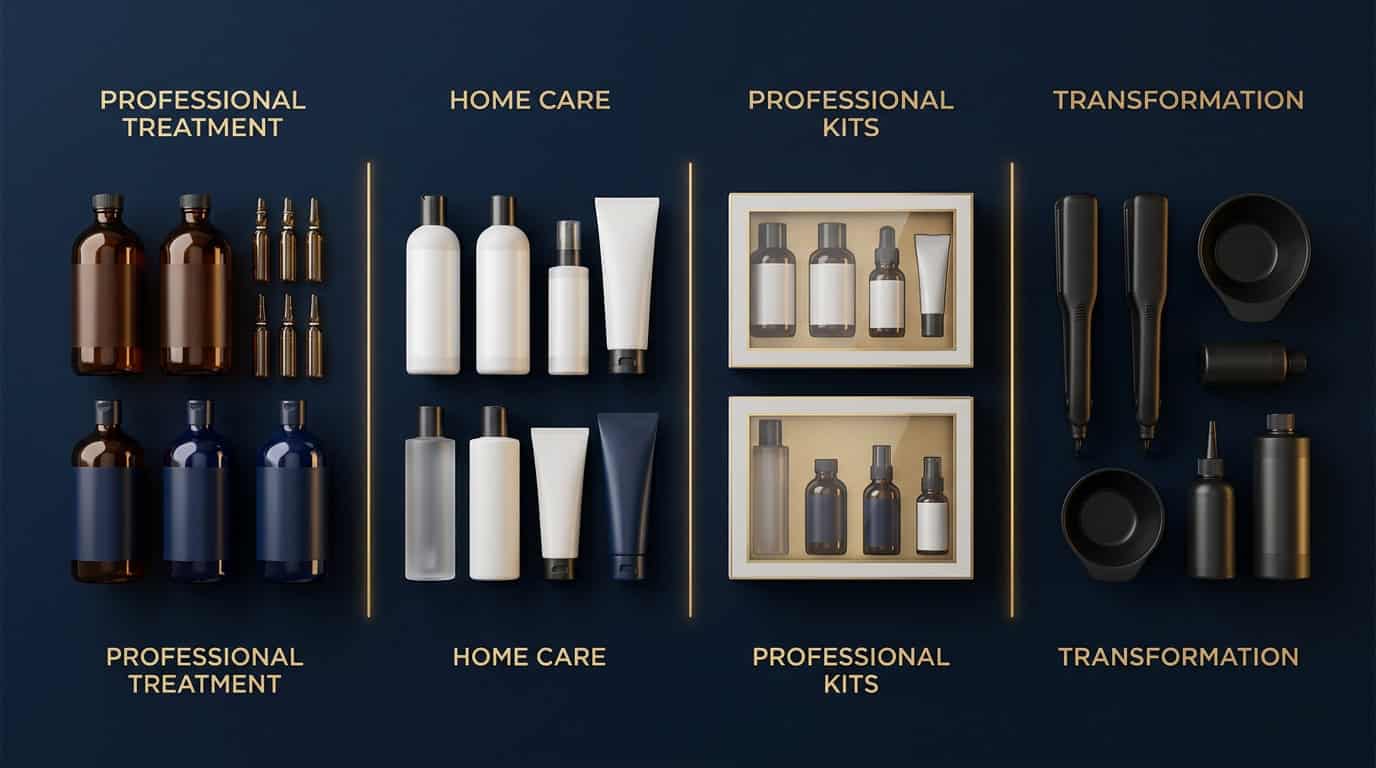 Produtos de cuidados capilares e tratamentos profissionais em frascos e tubos.