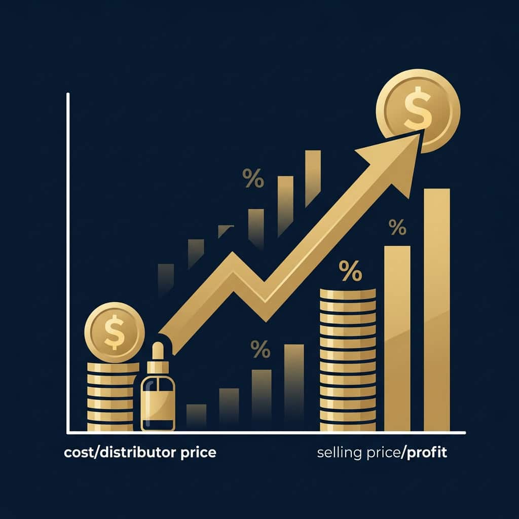 Gráfico de crescimento financeiro com moedas, porcentagens e seta ascendente.
